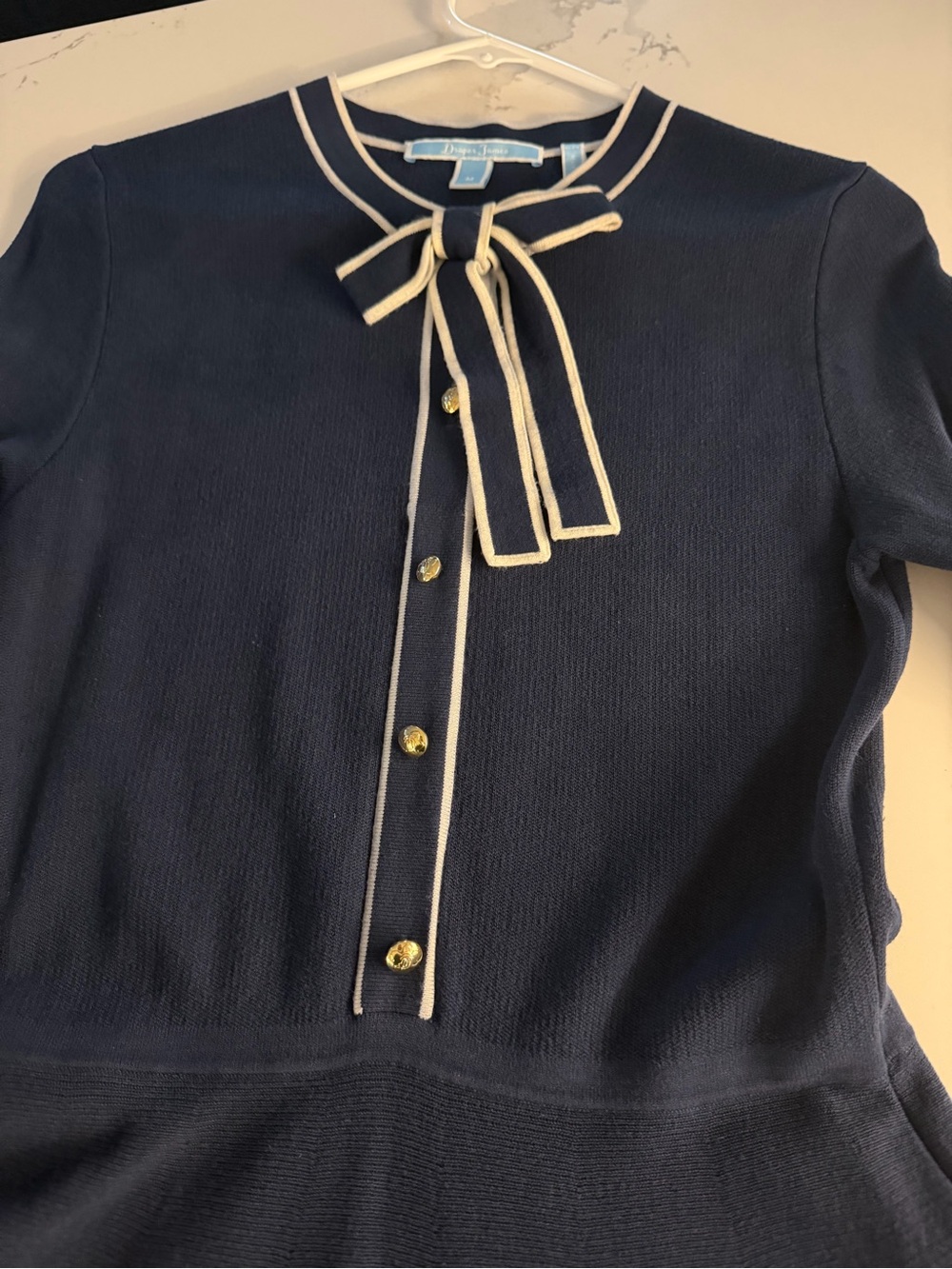 Draper James Navy and Cream Tie-Neck Sweater
